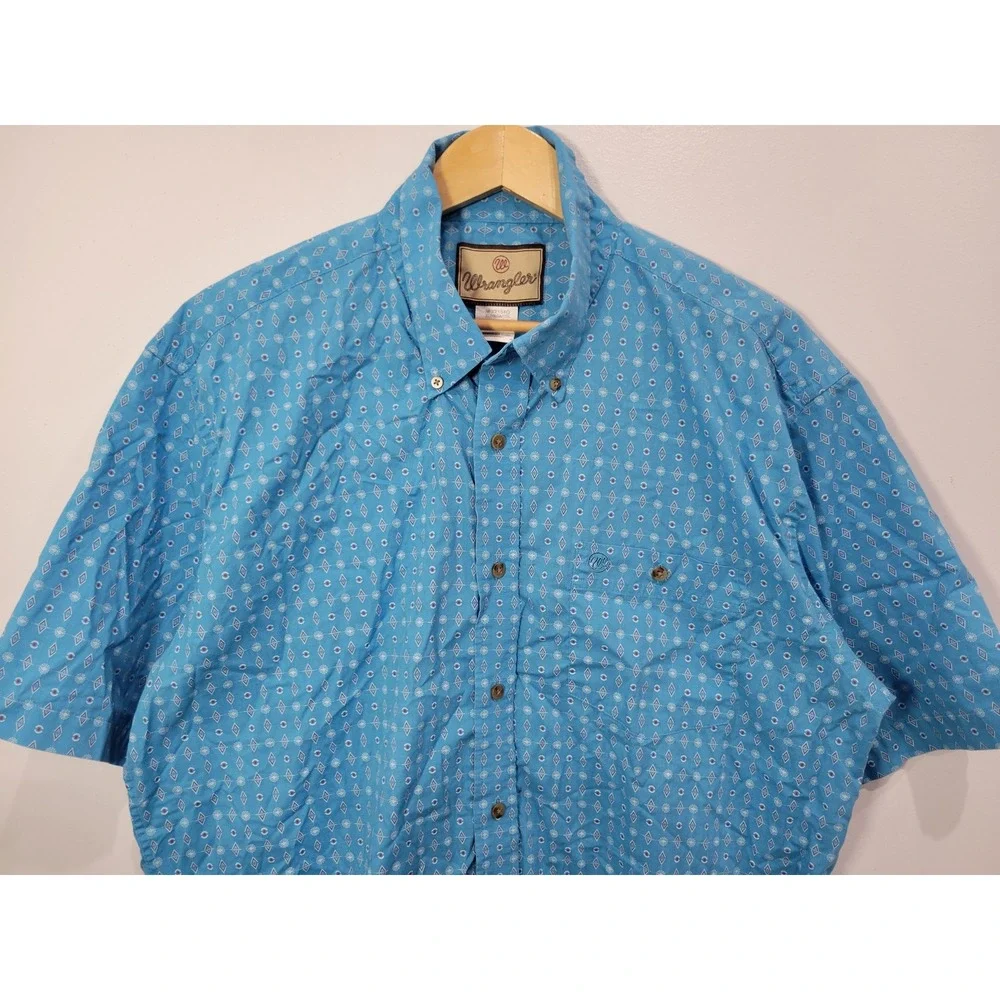Wrangler Mens Blue Geometric Diamond Print Short Sleeve Button Down‎ Shirt XLT